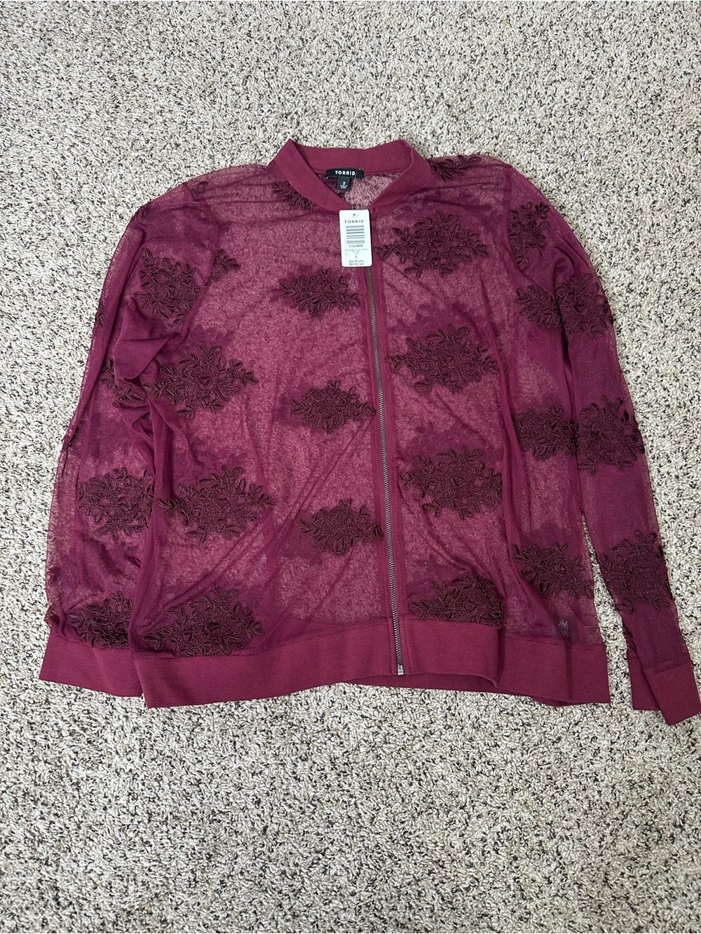 torrid Burgundy Sheer Embroidered Floral Bomber Jacket